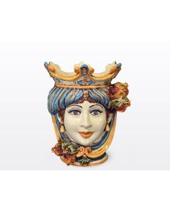 Sicilian Moorish head with pomegranates. It features a female character decorated in rich shades of blue and orange. It is handcrafted in Caltagirone, Italy. Small