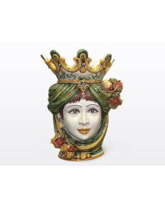 Sicilian Moorish head with pomegranates. It features a female character decorated in rich shades of green and orange. It is handcrafted in Caltagirone, Italy. Large