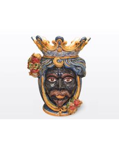 Sicilian head with pomegranates. It features a Moorish character decorated in rich shades of blue and orange. It is handcrafted in Caltagirone, Italy. Large