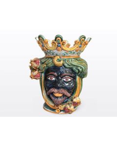 Sicilian head with pomegranates. It features a Moorish character decorated in rich shades of green and orange. It is handcrafted in Caltagirone, Italy. Large