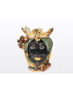Sicilian head with pomegranates. It features a Moorish character decorated in rich shades of green and orange. It is handcrafted in Caltagirone, Italy. Small
