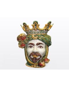 Sicilian Moorish head with pomegranates. It features a male character decorated in rich shades of green and orange. It is handcrafted in Caltagirone, Italy. Large