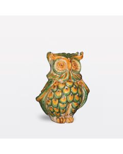 Sicilian figurine featuring an owl decorated in rich shades of green and ivory handcrafted in Caltagirone - Italy