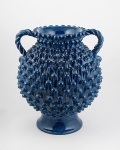 Tuscan footed vase with en relief pine scales handcrafted by ND Dolfi in Montelupo Fiorentino, Italy