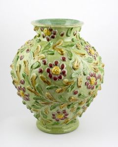 Tuscan vase with en relief flowers handcrafted by ND Dolfi in Montelupo Fiorentino, Italy