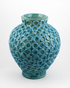 Tuscan vase with en relief rings handcrafted by ND Dolfi in Montelupo Fiorentino, Italy
