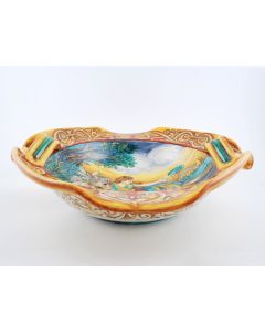 Italian centerpiece bowl featuring a Renaissance-style portrait of the Rape of Europa handmade by Francesca Niccacci in Deruta