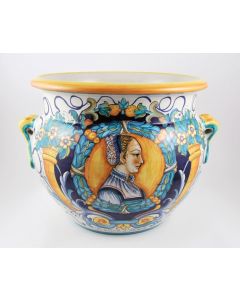 Italian planter featuring a Renaissance-style portrait of a Bella Donna handmade by Francesca Niccacci in Deruta