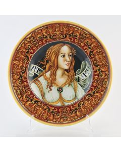 Italian wall plate featuring a Renaissance-style portrait of Venus and Mars handmade by Francesca Niccacci in Deruta