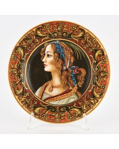Italian wall plate featuring a Renaissance-style portrait of a Young Lady handmade by Francesca Niccacci in Deruta