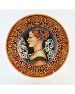 Italian wall plate featuring a Renaissance-style portrait of a Bella Donna handmade by Francesca Niccacci in Deruta