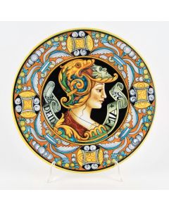 Italian wall plate featuring a Renaissance-style portrait of an Amazon handmade by Francesca Niccacci in Deruta