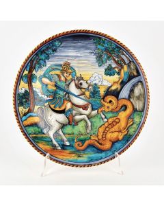 Italian wall plate featuring a Renaissance-style portrait of Saint George handmade by Francesca Niccacci in Deruta