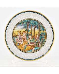 Italian wall plate featuring a Renaissance-style portrait of musicians handmade by Francesca Niccacci in Deruta