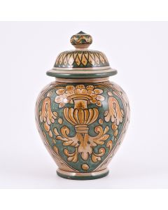 Italian green and cream jar potiche handmade by Ceramiche Magnanelli in Gubbio, Italy