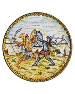 Italian wall plate featuring a scene with paladins hand-painted by Ghenos in Messina
