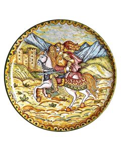Italian wall plate featuring a scene with paladins hand-painted by Ghenos in Messina