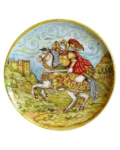 Italian wall plate featuring a scene with paladins hand-painted by Ghenos in Messina